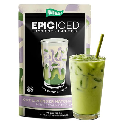 Matchabar Epic Iced Instant Latte Powder | Lavender Oat Matcha w/Oat Milk Base | Low Sugar, Non-Diary & Vegan Instant Iced Matcha Powder | Barista-Quality Creamy Latte Mix | 10 Servings