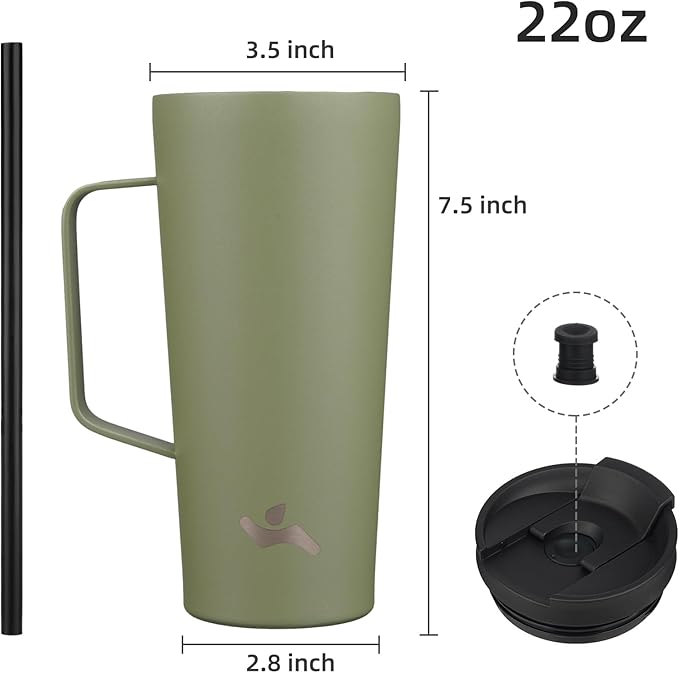 Insulated Tumbler with Handle and Straw, 22 OZ Travel Coffee Mug Stainless Steel Cup Metal Water Bottle,Camp Green
