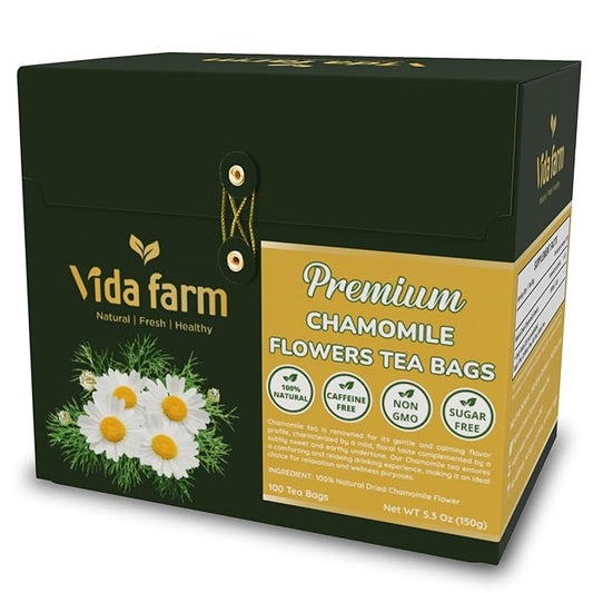 VIDA FARM 100 Chamomile Tea Bags, Natural Chamomile Flowers Tea Bags, Dried Herbal Flowers, Sugar Free, Caffeine Free, Gluten Free