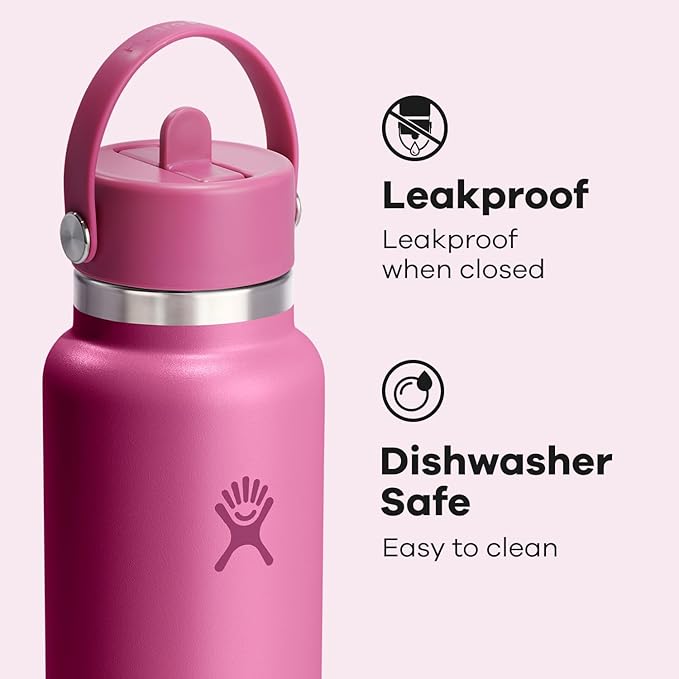 Hydro Flask Water Bottle - Insulated Stainless Steel - Wide Mouth Flex Straw Lid, Non Spill, Leakproof and Refillable in 40 Oz Reef Pink