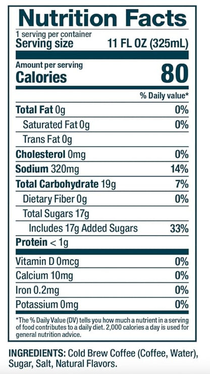 happy coffee salted caramel cold brew, 11 oz. cans, 12 pack, notes of brown sugar & brilliance, 100% arabica beans, no artificial flavors or artificial sweeteners