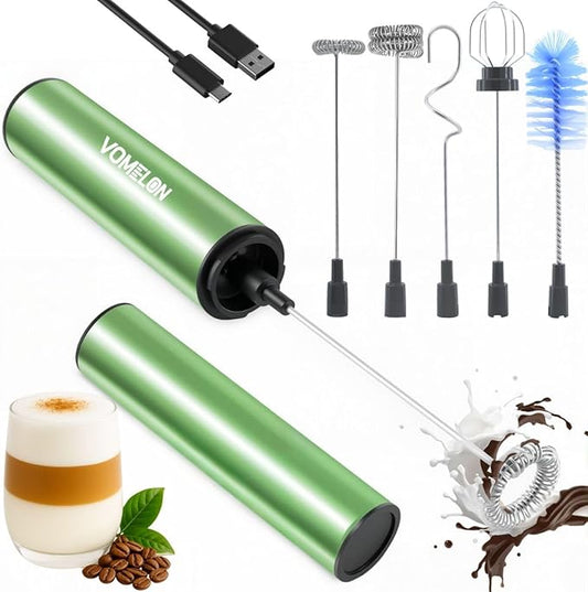 Rechargeable Milk Frother Handheld Electric Frother Wand Milk Foamer Drink Mixer for Coffee, Lattes, Cappuccino, and Egg, Stainless Steel for Travel-Green