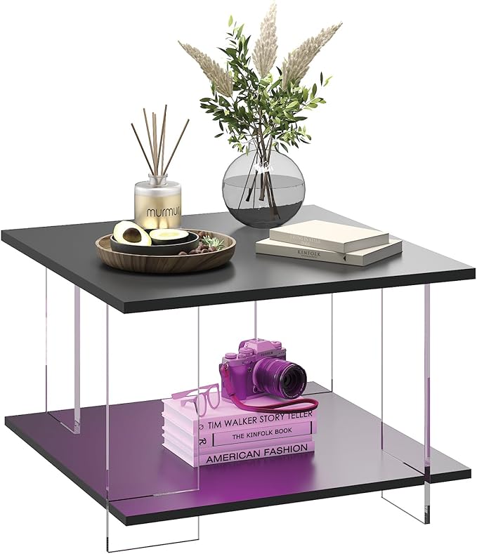 24" Acrylic Coffee Table with Black Wood Tabletop, Minimalist Stylish Modern Square Center Table for Living Room,Led Living Room Table with Storage Shelf & Acrylic Frame for Small Space