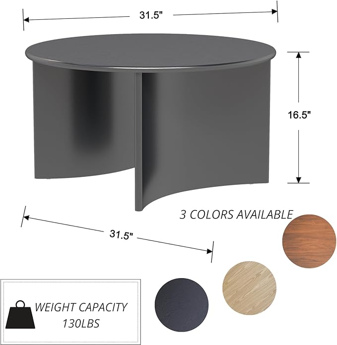 31.5'' Round Coffee Table, Black Circle Coffee Table with Curved Base, Solid Wood, Ideal for Living Room, Apartment, Compact Place