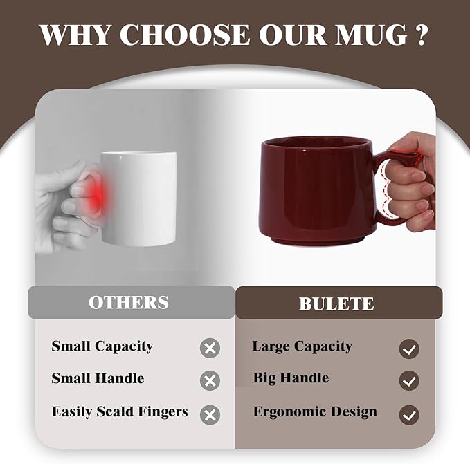 Large Coffee Mugs Set of 4, 19 oz Stackable Ceramic Coffee Mug, Coffee Cups with Large Handle for Latte, Cappuccino, Milk, Tea, Dishwasher & Microwave Safe, Ideal Gift for Men, Women - Red