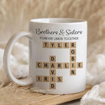 Load image into Gallery viewer, Family Forever Linked Together Custom Names Ceramic Mug, Crossword Puzzle Art, for Birthday, Anniversary or Special Occasions (Brothers &amp; Sisters Forever Linked Together White Mug Ver 2)