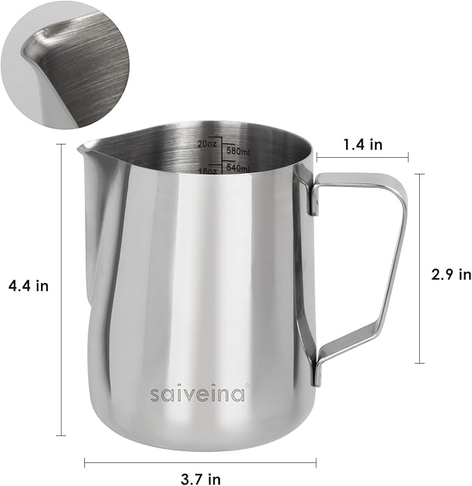 Stainless Steel Milk Frothing Pitcher - 20oz (600ml) for Espresso Machine, Cappuccino, Latte Art