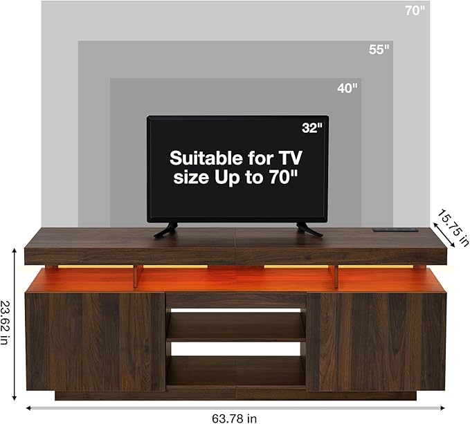 HOMMPA LED Lift Top Coffee Table and TV Stand Set of 2,Modern LED Entertainment Center with Power Outlets for up to 70" TV, Coffee Table with Hidden Compartment & 2 Open Shelve Walnut