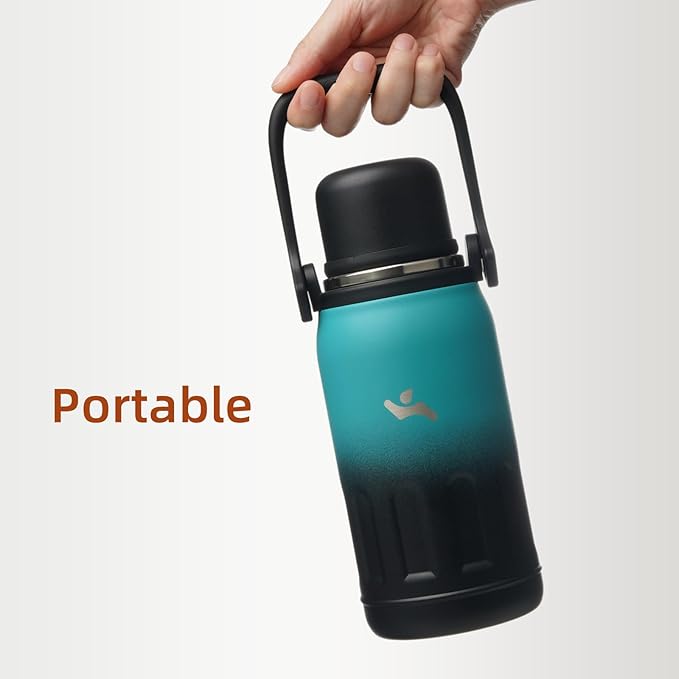 Insulated Water Bottle with Handle and Strap,Vacuum Travel Tumbler with Cup Lid,Thermo Coffee Cup for Hot Cold Drinks 40 OZ,TealBlack