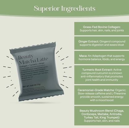 Kroma’s Beauty Matcha Latte Powder 0.60 Oz, 17g, 7 Servings – Collagen Ceremonial Grade Matcha Green Tea with Protein for Glowing Skin & Hair Support w/ Bovine Collagen, Ginger & Turmeric - Premium Matcha Powder w/ Adaptogenic Mushrooms