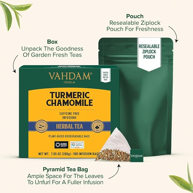 VAHDAM, Turmeric Chamomile Tea Bags (100 Herbal Tea Bags) Caffeine Free,100% Pure Herbal Tisane - Warm, Earthy & Floral | Infused With Chamomile Flowers | Resealable Ziplock Pouch
