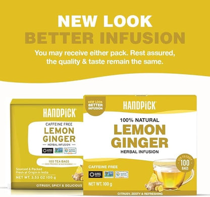 HANDPICK, Lemon Ginger Herbal Tea - 100 Pyramid Tea Bags | 100% Natural Ingredients, Tasty & Citrusy Hand-made Blend of Lemon & Ginger | Caffeine Free, Gluten Free | No Artificial Ingredients