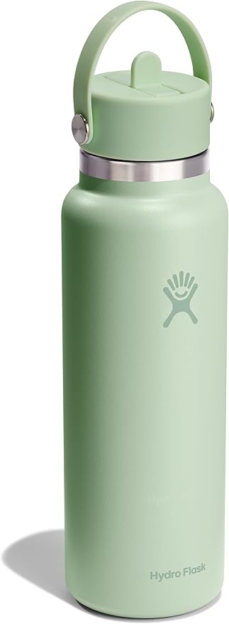Hydro Flask Water Bottle - Insulated Stainless Steel - Wide Mouth Flex Straw Lid, Non Spill, Leakproof and Refillable in 40 Oz Aloe Green
