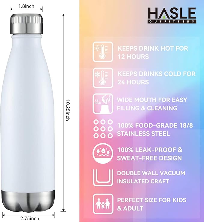 HASLE OUTFITTERS 17oz Stainless Steel Water Bottles Bulk, Vacuum Insulated Water Bottles Double Walled Powder Coated Reusable Metal Sports Water Bottles Keep Drinks Hot and Cold, White, 8Packs