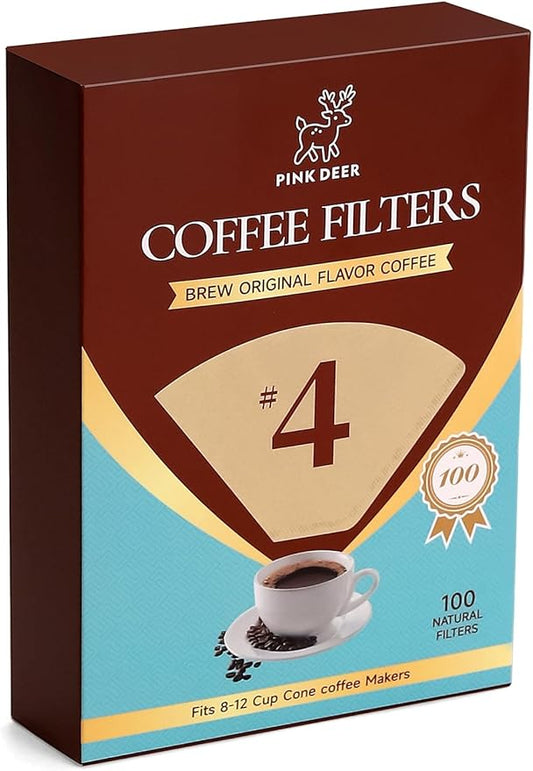 100 Count #4 Cone Coffee Filters 8-12 Cup, Natural Unbleached Paper, for Pour Over and Drip Coffee Maker