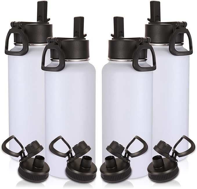 Volhoply 32oz Insulated Water Bottles Bulk 4 Pack with Straw Lid & Spout Lid,Not Suitable for Sublimation,Stainless Steel Sports Water Bottle,Double Wall Vacuum Cups,Metal Flask for Hiking(White,4)
