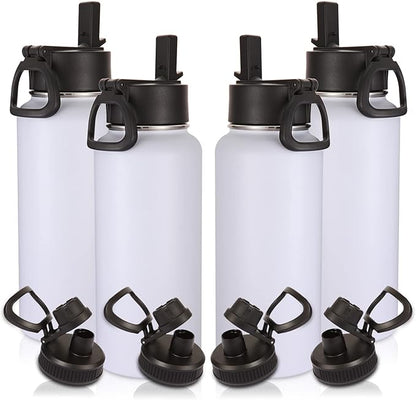 Volhoply 32oz Insulated Water Bottles Bulk 4 Pack with Straw Lid & Spout Lid,Not Suitable for Sublimation,Stainless Steel Sports Water Bottle,Double Wall Vacuum Cups,Metal Flask for Hiking(White,4)
