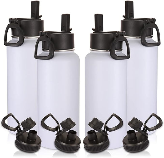 Volhoply 32oz Insulated Water Bottles Bulk 4 Pack with Straw Lid & Spout Lid,Not Suitable for Sublimation,Stainless Steel Sports Water Bottle,Double Wall Vacuum Cups,Metal Flask for Hiking(White,4)