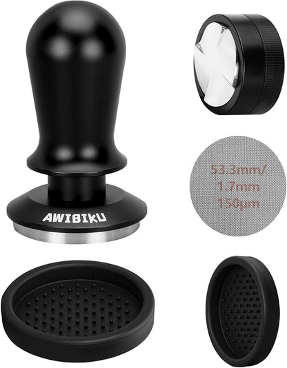 53.3mm Espresso Accessories，53.3mm Espresso Tamper Tools, Spring-Loaded Coffee Tamper, Coffee Distributorr, Puck Screen, Anti Slip Mats Coffee Tamper for 54mm Portafilter