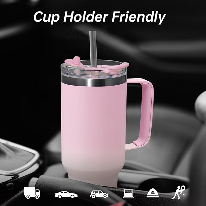 COKTIK 40 oz Tumbler With Handle and Straw Lid, Vacuum Insulated Travel Coffee Mug Stainless Steel Insulated Cup for Beverages, Leak-proof, Cupholder Friendly (Sakura)