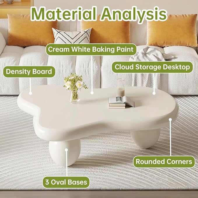 Cloud Coffee Table Modern Irregular Coffee Table Asymmetrical Unique Coffee Tables with 3 Bases for Living Room Farmhouse (C, 39")