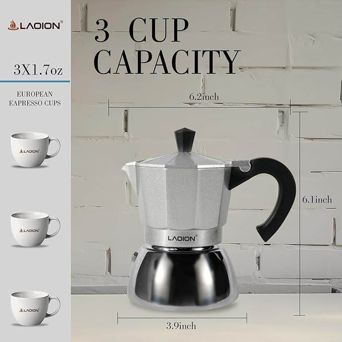Stovetop Espresso Maker, 3Cup Moka Pot, Espresso Machine Compatible with Induction Cooktops, 150ml Stainless Steel & Aluminum Cuban Coffee Maker for Cafetera Cubana, Silver