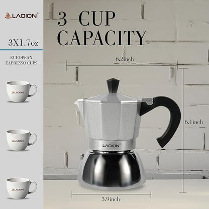 Stovetop Espresso Maker, 3Cup Moka Pot, Espresso Machine Compatible with Induction Cooktops, 150ml Stainless Steel & Aluminum Cuban Coffee Maker for Cafetera Cubana, Silver