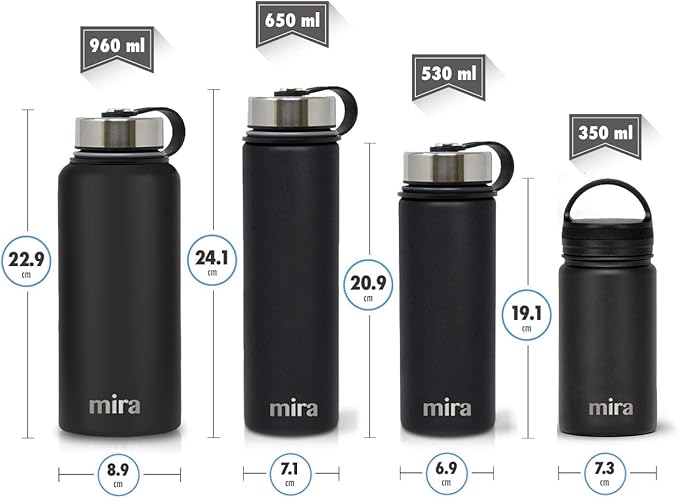 MIRA 32 oz Insulated Water Bottle - Stainless Steel Sports Flask with 2 Lids (Straw & Handle) - Cold Drink Thermo - Black