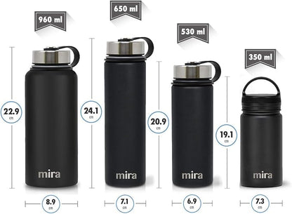 MIRA 32 oz Insulated Water Bottle - Stainless Steel Sports Flask with 2 Lids (Straw & Handle) - Cold Drink Thermo - Black