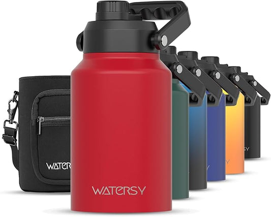 Half Gallon Water Bottle Insulated(Cold for 48 Hrs),BPA Free&Leak Proof,64oz Stainless Steel Water Jug/Flask,Big thermo,Large Water Bottle with Handle for Gym,Hiking,Camping,Red