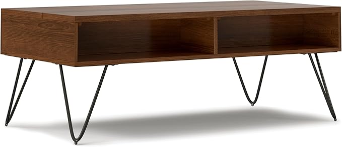 SIMPLIHOME Hunter Lift Top Coffee Table - 48 inch Wide Solid Walnut Veneer and Metal Industrial Cocktail Table, Functional Living Room Table with 2 Storage Cubbies and Hairpin Legs