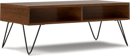 SIMPLIHOME Hunter Lift Top Coffee Table - 48 inch Wide Solid Walnut Veneer and Metal Industrial Cocktail Table, Functional Living Room Table with 2 Storage Cubbies and Hairpin Legs