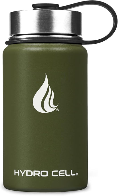 HYDRO CELL Stainless Steel Insulated Water Bottle with Straw - For Cold & Hot Drinks - Metal Vacuum Flask with Screw Cap and Modern Leakproof Sport Thermos for Adults (Army 14oz)