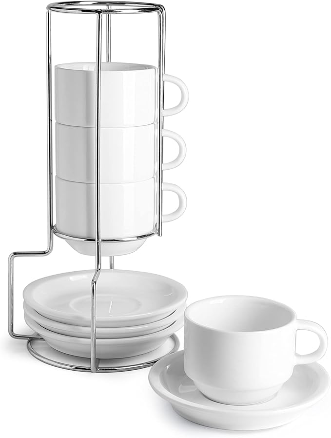 Sweese 4 Ounce Porcelain Stackable Espresso Cups with Saucers and Metal Stand Set of 4, White