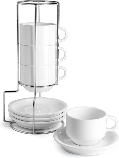 Sweese 4 Ounce Porcelain Stackable Espresso Cups with Saucers and Metal Stand Set of 4, White