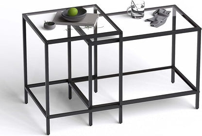 Nesting Coffee Table,Small Glass Coffee Table Set of 2,Black Modern Square Sofa Side Tea Table for Living Room,Bedroom and Small Spaces,2 Tier Tempered Glass with Sturdy Metal Frame, Easy Assembly