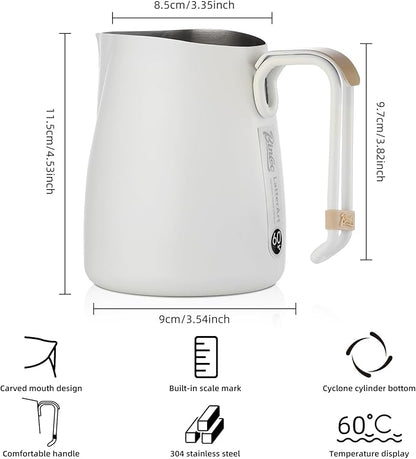 Bincoo Espresso Milk Frothing Pitcher Stainless Steel 20oz/600ML Coffee Milk Frother Cup-Milk Frothing Pitcher with Measurement Lines,Ergonomic Handle for Latte Art & Cappuccino(White)