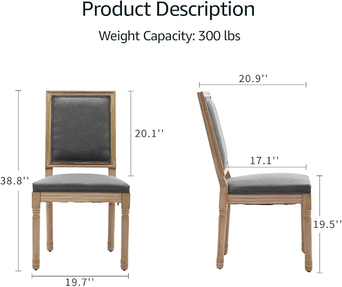 French Country Dining Chairs Set of 2, Grey Square Back Dining Chairs with Linen Upholstered Seat, Solid Wood Legs, Farmhouse Kitchen & Dining Room Chairs, Sillas De Comedor (Gray, 2Pcs)