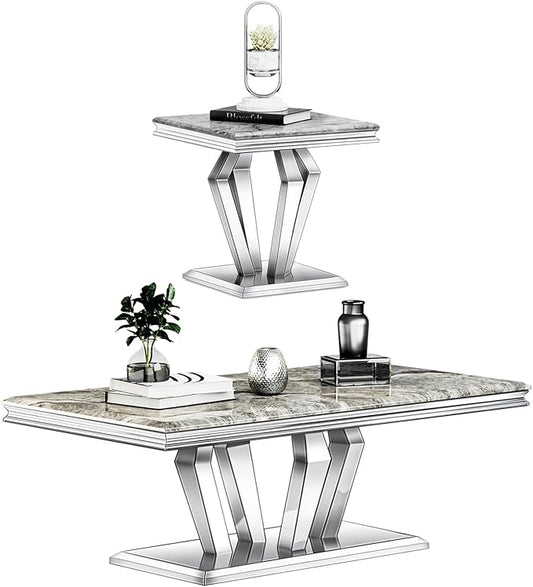 2 Piece Living Room Table Set, Luxury Coffee Table Set with Gray Top & Silver Diamond-Shaped Stainless Steel Frame, 1 Coffee Table + 1 End Table for Home Office