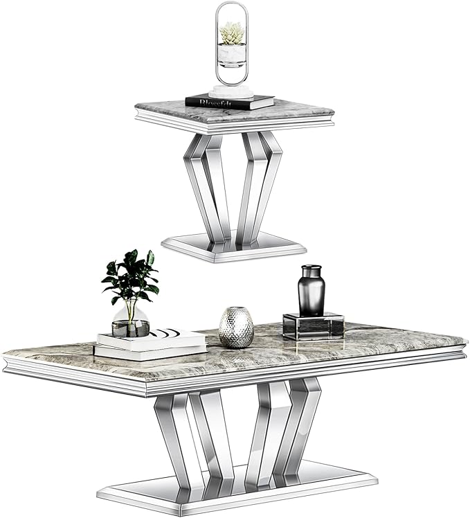 2 Piece Living Room Table Set, Luxury Coffee Table Set with Gray Top & Silver Diamond-Shaped Stainless Steel Frame, 1 Coffee Table + 1 End Table for Home Office