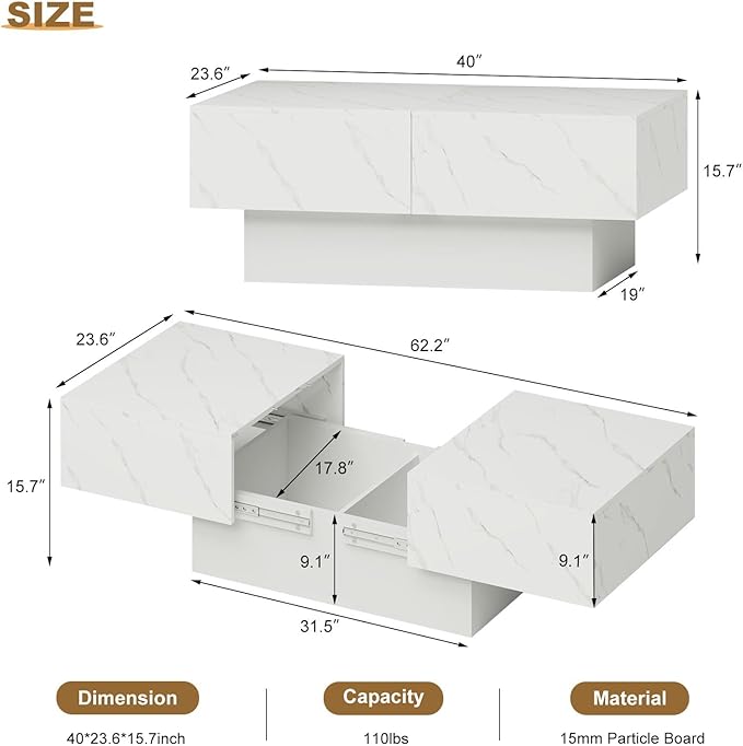 White Marble Coffee Table with Large Storage, Farmhouse Center Table for Living Room Mesas De Centro para Salas Modernas Nesting Modern Coffee Table for Reception Room