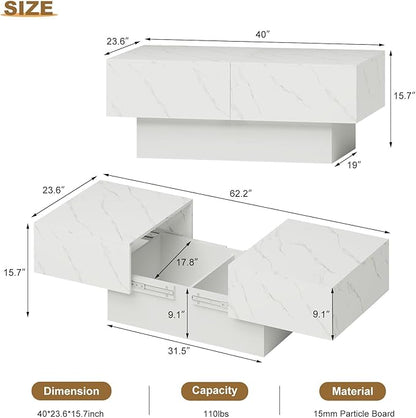 White Marble Coffee Table with Large Storage, Farmhouse Center Table for Living Room Mesas De Centro para Salas Modernas Nesting Modern Coffee Table for Reception Room