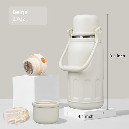 Insulated Water Bottle with Handle and Strap,Vacuum Travel Tumbler with Cup Lid,Thermo Coffee Cup for Hot Cold Drinks 27 OZ,Beige