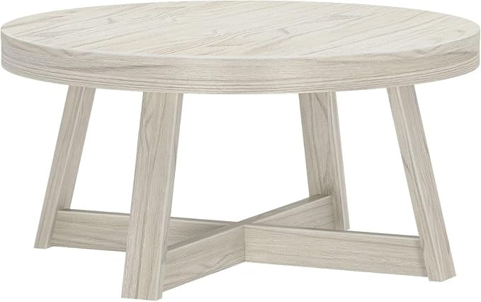 Plank+Beam Classic Round Coffee Table, 36" Farmhouse Coffee Table, Mini Center Tables for Small Spaces, Small Living Space Tea Table, White Sand Wirebrush