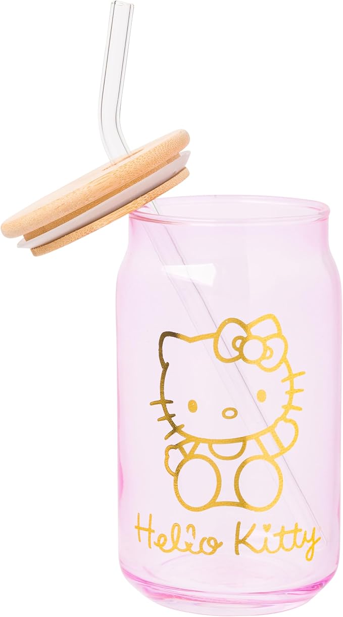Silver Buffalo Sanrio Hello Kitty Gold 2 Pack Pink Glass Jar Tumbler with Bamboo Lid and Glass Straw, 16 Ounces
