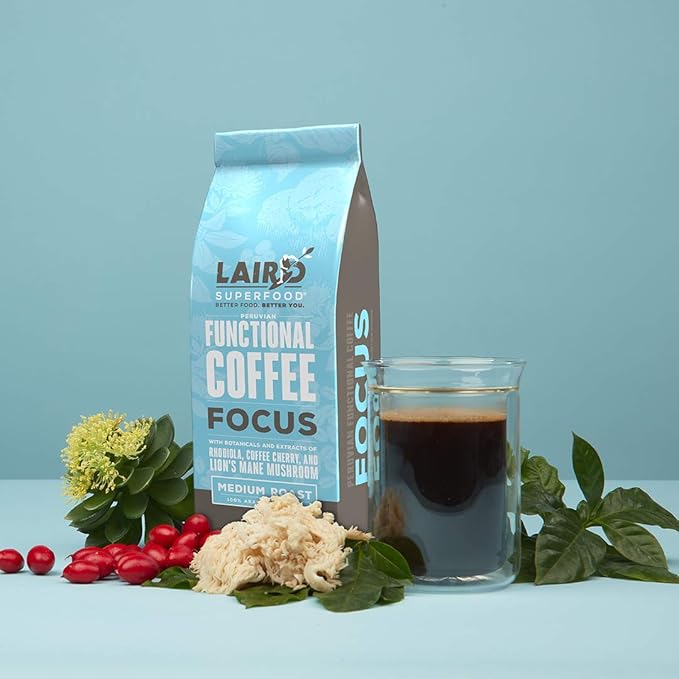 Laird Superfood Focus Coffee, Medium Roast Ground Coffee Infused with Functional Mushrooms and Botanical Adaptogens, 12 oz. Bag