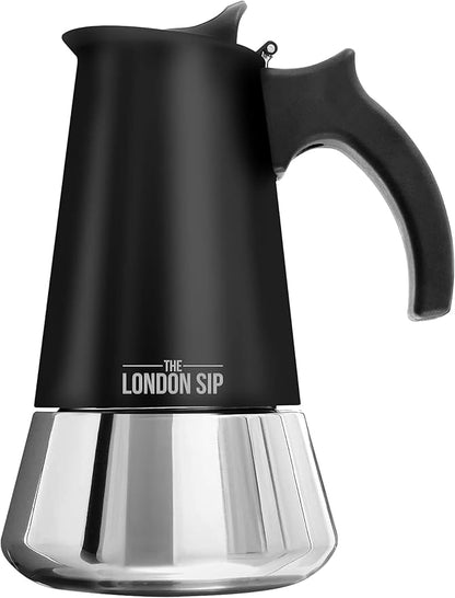 London Sip Stainless Steel Stovetop Espresso Maker Moka Pot Italian Coffee Percolator, Matte Black, Large (16.9 oz)