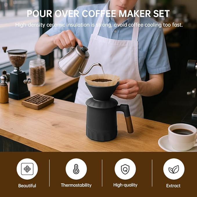 Pour Over Coffee Maker Set, Ceramic Pour Over Coffee Dripper 15.5oz/450 ml with 25 Pcs V60 Paper Filter, Coffee Pour Over Set for Camping, Black