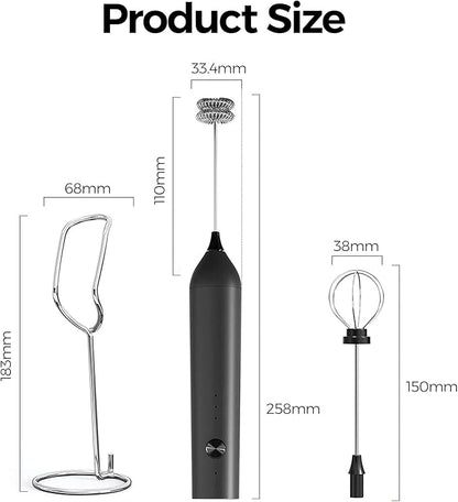 YARRAMATE Electric Milk Frother Wand with Stainless Steel Whisk and Stand, Fast Rechargeable Coffee Mixer with 3 Speeds, Handheld Drink Stirrer, Whisk Foam Maker for Lattes, Cappuccino, Matcha (Black)