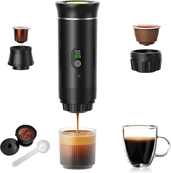 Portable Coffee Maker for Travel & Camping, Portable Espresso Maker for Travel, Rechargeable Cordless Battery Operated Coffee Makers for Ground Coffee, NS Capsule RV, Hiking, Office(Black)